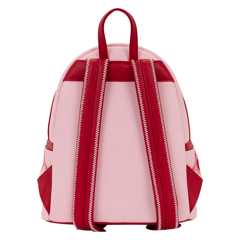 Pink backpack with red accents on a white background