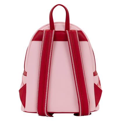 Pink backpack with red accents on a white background