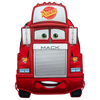Red Mack truck-shaped backpack with cartoon face on a white background, featuring the Rust-eze logo.