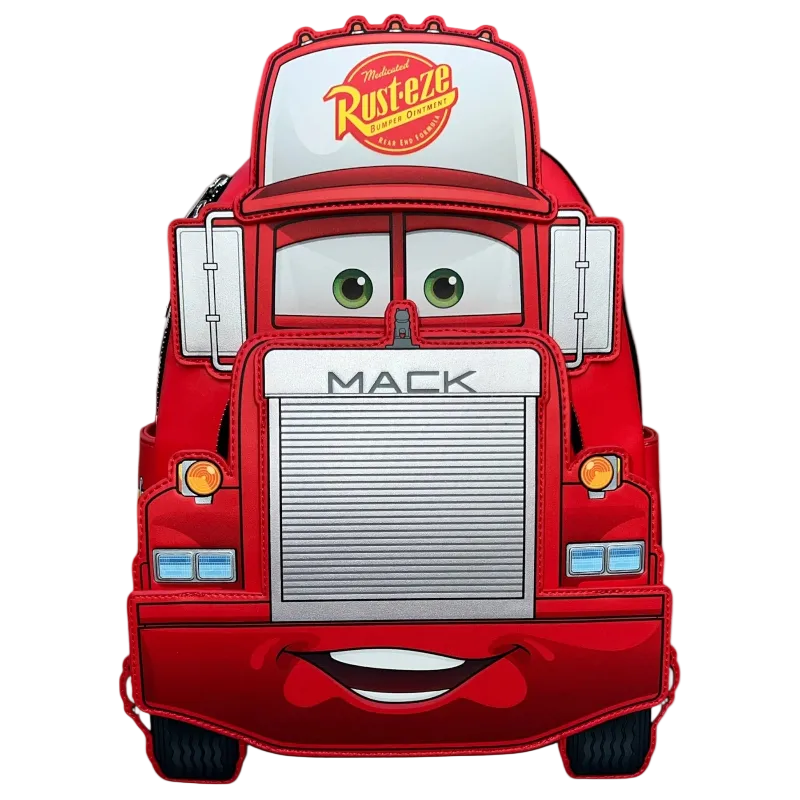 Red Mack truck-shaped backpack with cartoon face on a white background, featuring the Rust-eze logo.
