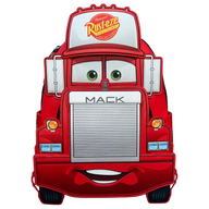 Red Mack truck-shaped backpack with cartoon face on a white background, featuring the Rust-eze logo.