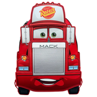 Red Mack truck-shaped backpack with cartoon face on a white background, featuring the Rust-eze logo.