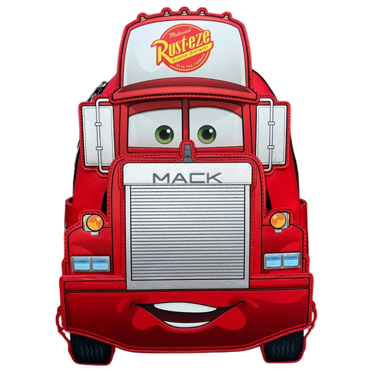 Red Mack truck-shaped backpack with cartoon face on a white background, featuring the Rust-eze logo.