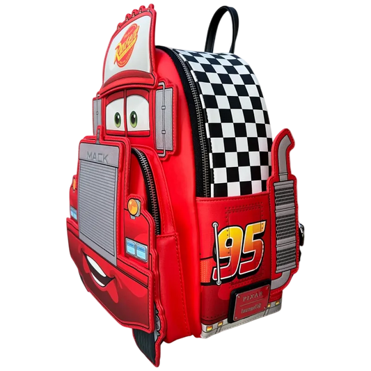 Red car-shaped backpack with checkered pattern and number 95 on a white background