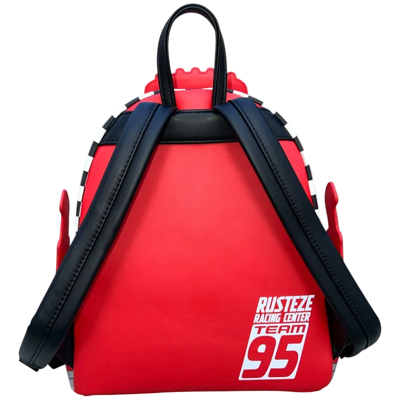 Red backpack with black straps and 'Rust-eze Racing Team 95' text on a white background