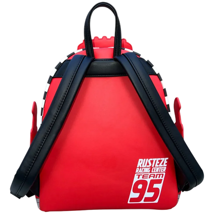 Red backpack with black straps and 'Rust-eze Racing Team 95' text on a white background