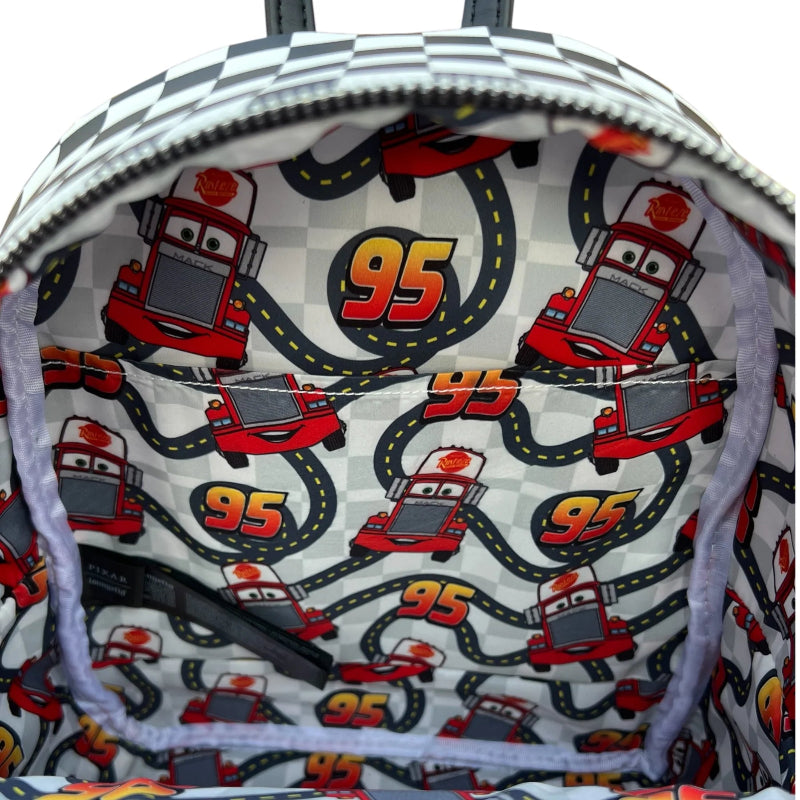 Backpack with race car and number 95 pattern on a white background