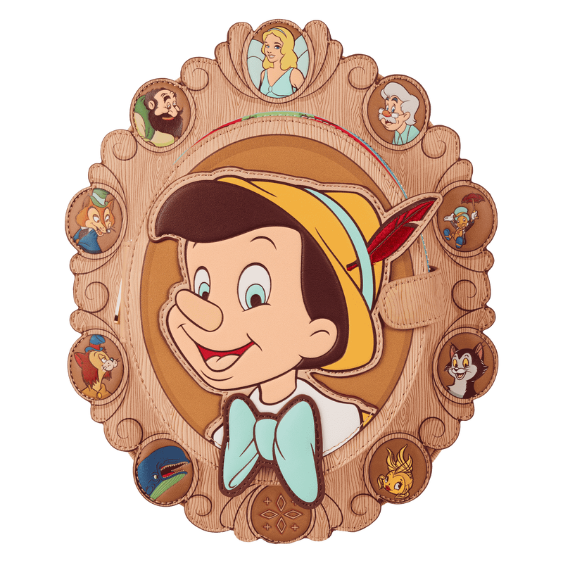 Illustration of Pinocchio with various characters in the background on a decorative frame.