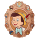 Illustration of Pinocchio with various characters in the background on a decorative frame.