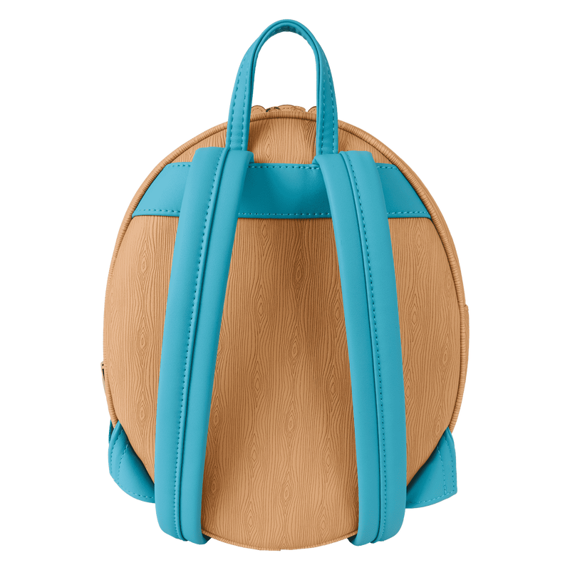 Round wooden backpack with blue straps on a white background