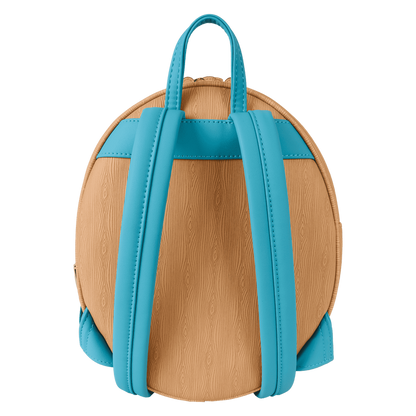 Round wooden backpack with blue straps on a white background