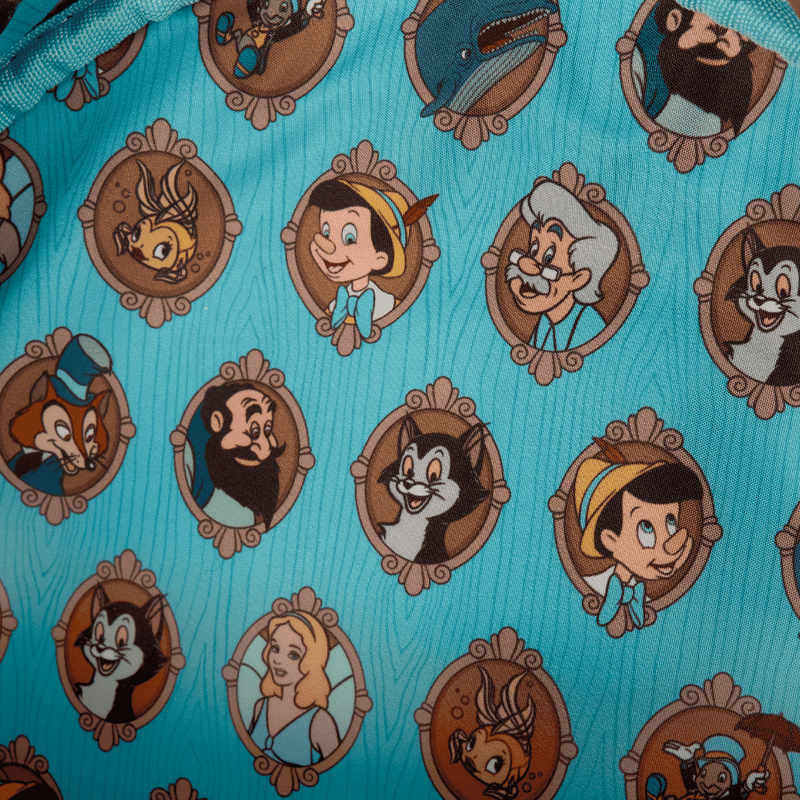 Pattern of animated characters in circular frames on a blue background