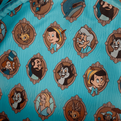 Pattern of animated characters in circular frames on a blue background