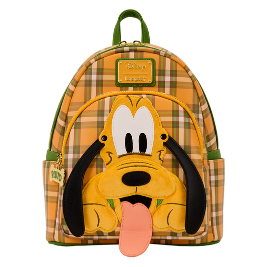Pluto-themed backpack with plaid pattern on a white background