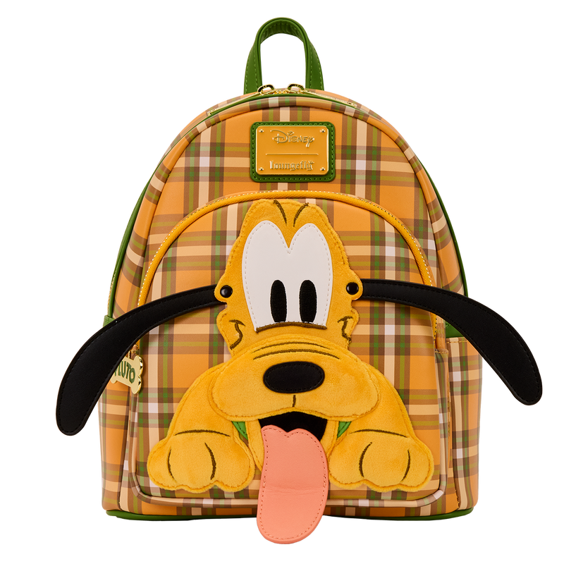 Plaid backpack with a cartoon dog face on a white background