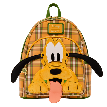 Plaid backpack with a cartoon dog face on a white background