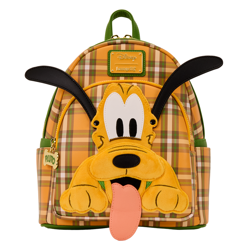 Pluto-themed backpack with plaid pattern on a white background