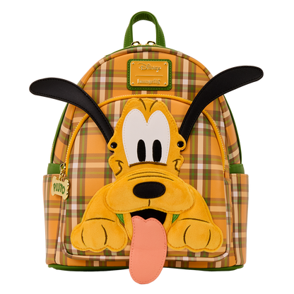 Pluto-themed backpack with plaid pattern on a white background