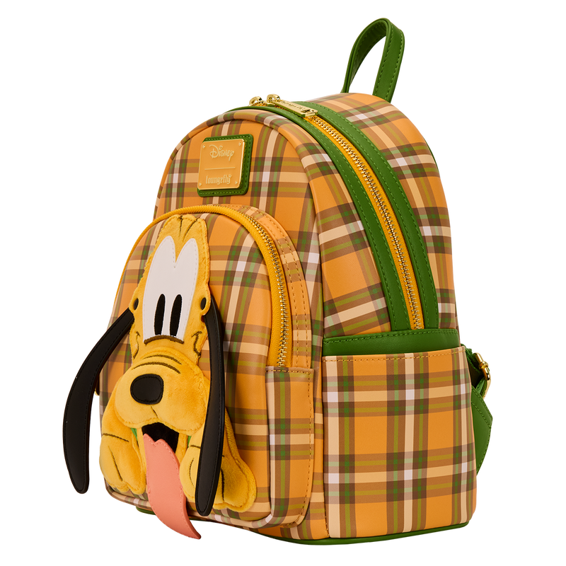 Plaid backpack with cartoon dog face on a white background