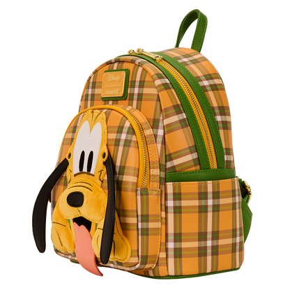 Plaid backpack with cartoon dog face on a white background