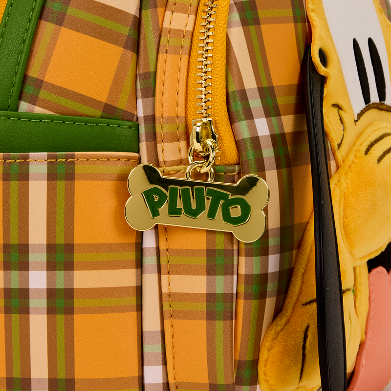 Plaid bag with a gold zipper and 'PLUTO' tag, featuring a cartoon character.