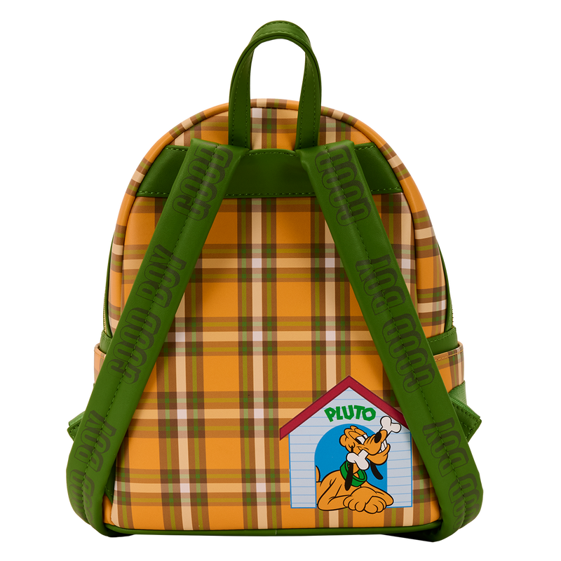 Plaid backpack with green straps and a doghouse-shaped patch featuring a cartoon dog on a white background.