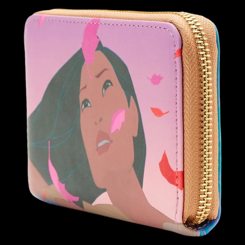 A zip-around wallet featuring an illustrated portrait of Pocahontas on a pink background with scattered pink and red leaves, finished with a gold-tone zipper.