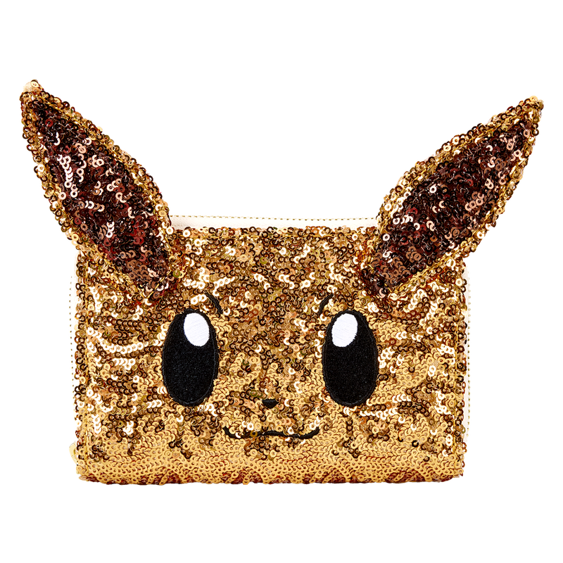 Gold sequin pouch shaped like a cartoon character with large ears on a white background