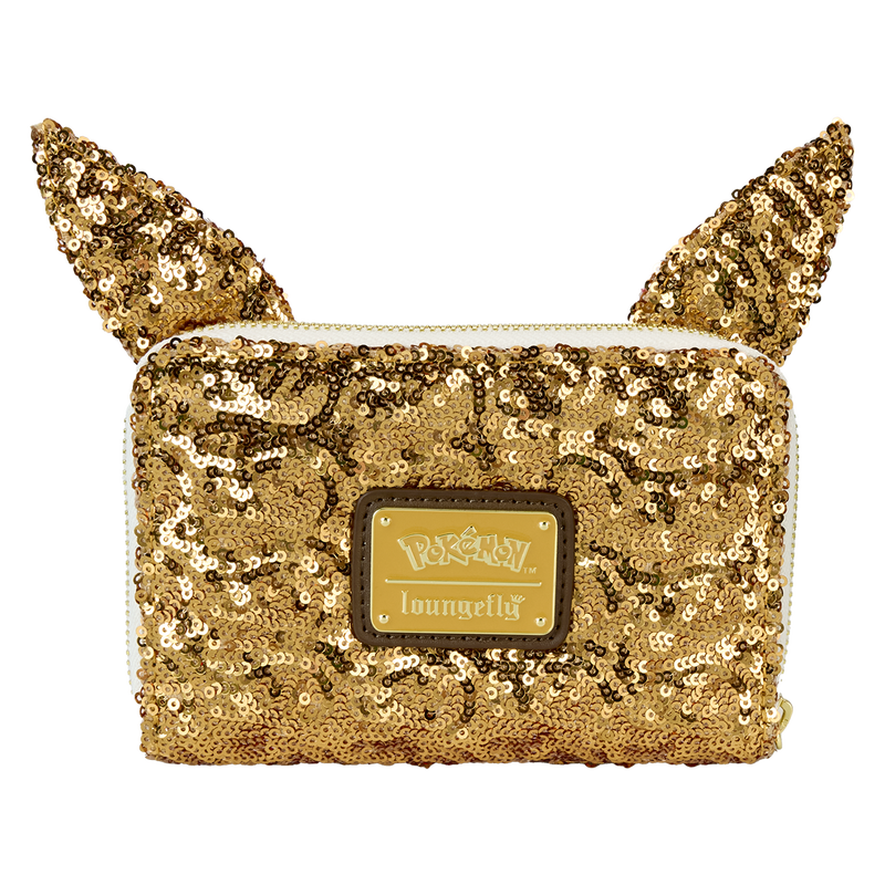 Gold sequin pouch with cat ears and a visible brand logo on a white background