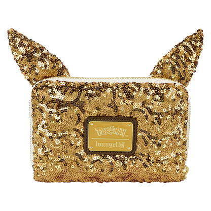 Gold sequin pouch with cat ears and a visible brand logo on a white background