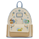Backpack with cartoon characters and floral designs on a beige background