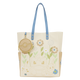 Tote bag with floral design and Poké Ball charm on a white background