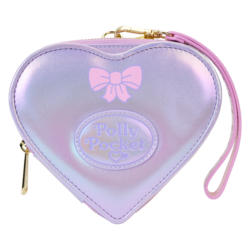 Heart-shaped pouch with 'Polly Pocket' branding and a pink bow on a white background
