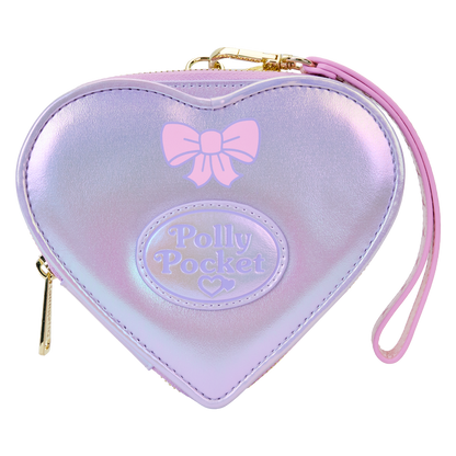 Heart-shaped pouch with 'Polly Pocket' branding and a pink bow on a white background