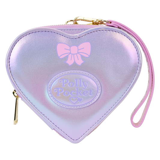 Heart-shaped pouch with 'Polly Pocket' branding and a pink bow on a white background