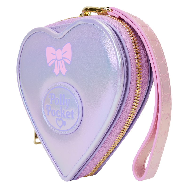 Heart-shaped purple pouch with pink strap and 'Polly Pocket' branding on a white background