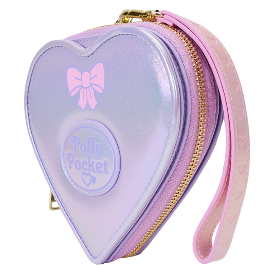 Heart-shaped purple pouch with pink strap and 'Polly Pocket' branding on a white background