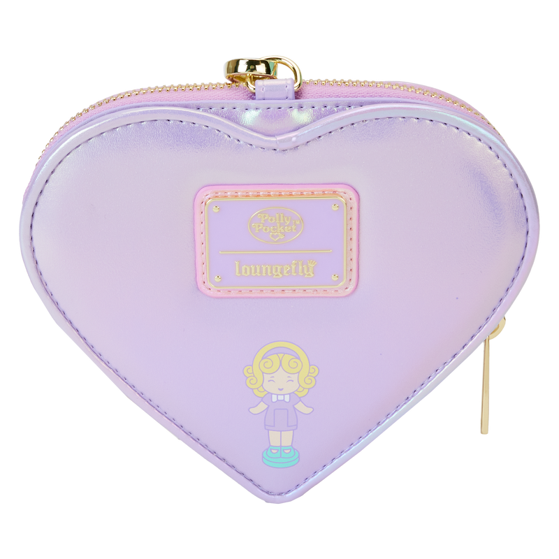 Heart-shaped purple pouch with a character design and brand logo on a white background