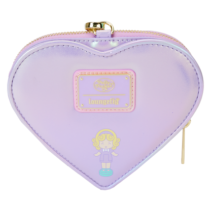 Heart-shaped purple pouch with a character design and brand logo on a white background