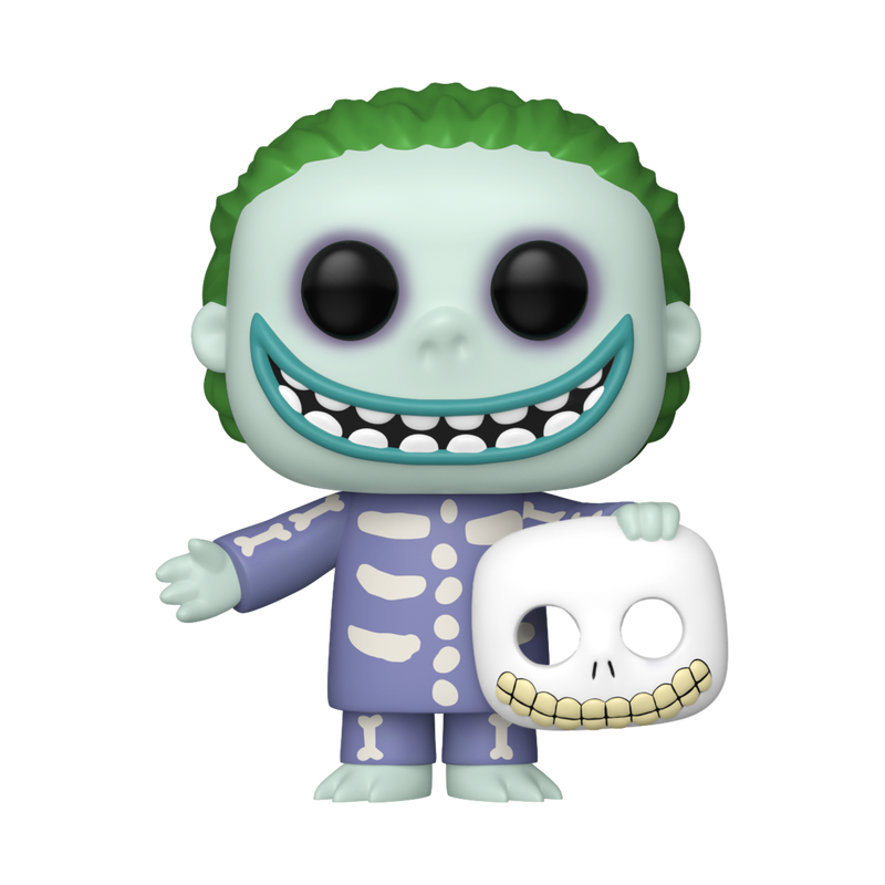 Funko Pop! vinyl figure of the Joker from The Dark Knight, featuring green hair, a pale face with a wide grin, a purple robe with white bone details, and holding a white skull.