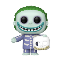 Funko Pop! vinyl figure of the Joker from The Dark Knight, featuring green hair, a pale face with a wide grin, a purple robe with white bone details, and holding a white skull.