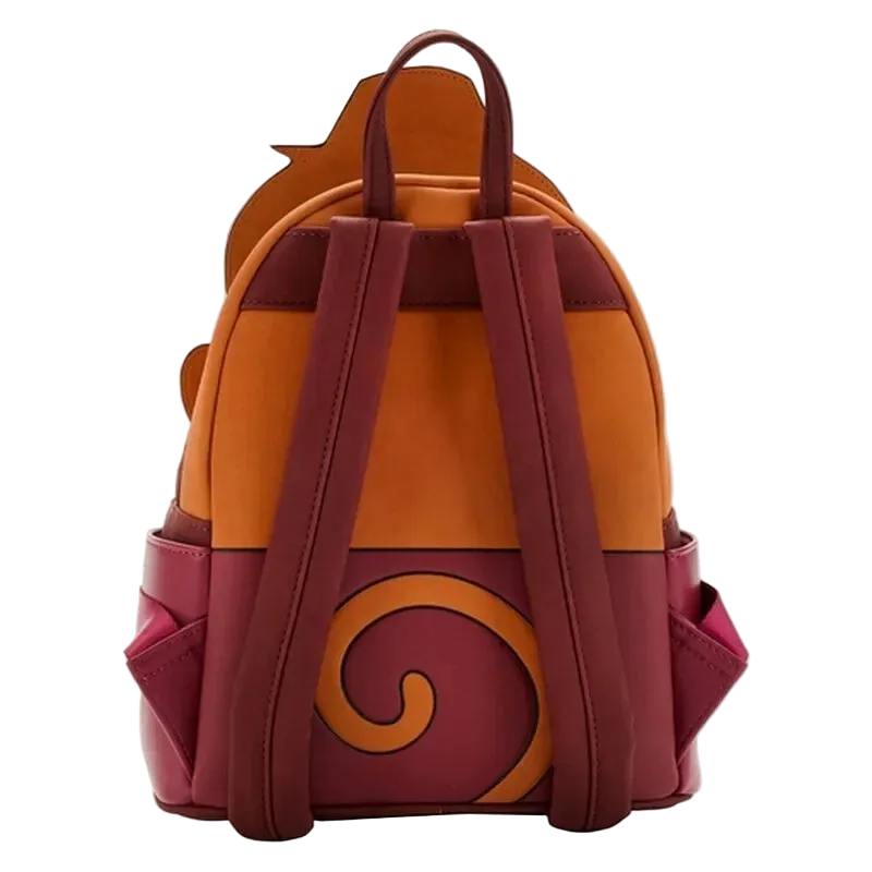 A small color-blocked backpack styled like a pumpkin, featuring orange and burgundy panels with a large swirl motif on the front pocket, shown against a plain white background.