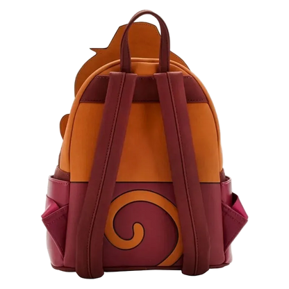 A small color-blocked backpack styled like a pumpkin, featuring orange and burgundy panels with a large swirl motif on the front pocket, shown against a plain white background.