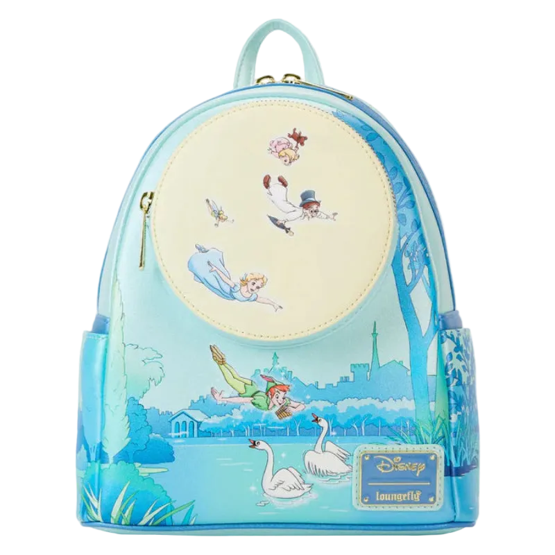 Backpack with fairy tale design featuring characters and landscape.