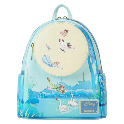Backpack with fairy tale design featuring characters and landscape.