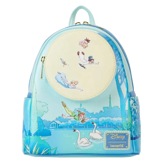 Backpack with fairy tale design featuring characters and landscape.