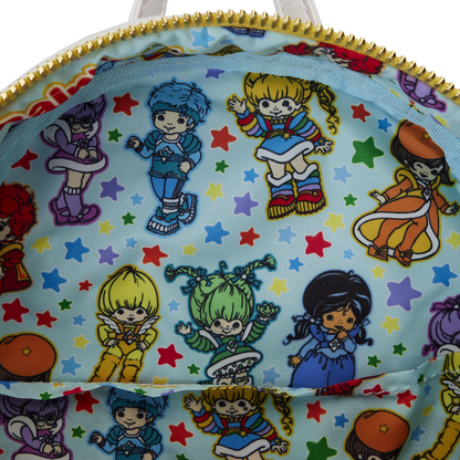 Children's bag with colorful character illustrations on a light blue background