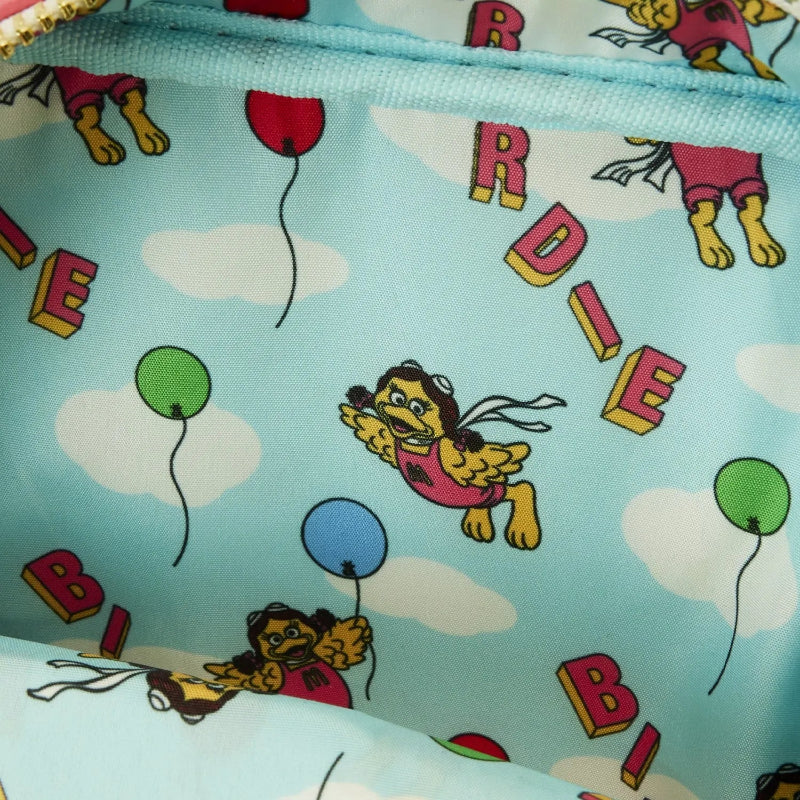 Fabric with cartoon characters and colorful letters on a blue background