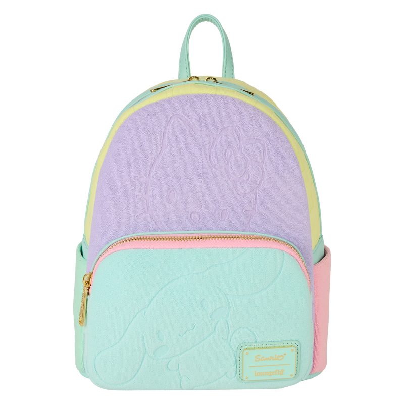 Pastel-colored backpack with a cartoon character on a white background