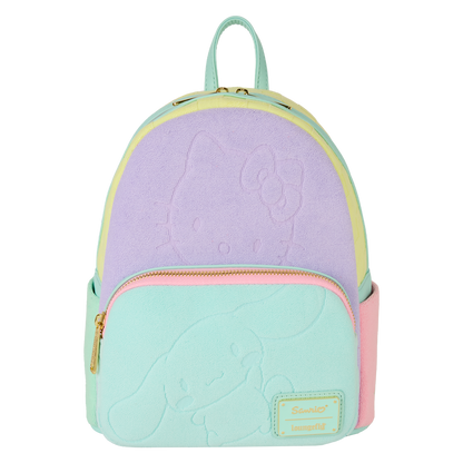 Pastel-colored backpack with a cartoon character on a white background